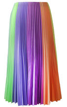 Load image into Gallery viewer, Colorful pleated skirt with green, purple, and orange stripes on a white background. Part of the Kitty Joseph Pastel Collection.