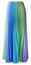 Load image into Gallery viewer, Colorful striped skirt with blue, green, and purple hues on a white background. Photographed from the side, this shows the cooler shades of this size inclusive, confidence boosting style.