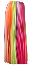 Load image into Gallery viewer, Colorful pleated skirt with a gradient of orange, yellow, and pink on a white background. This shot shows the garment silhouette as worn from the side.