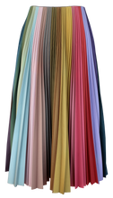 Load image into Gallery viewer, A pleated skirt with a gradient of colors including pink, yellow, blue, and purple, extending to about mid-calf length. KITTY JOSEPH sustainable skirt - a Black Friday alternative discount.
