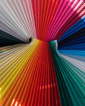 Charger l'image dans la galerie, Chroma skirt laid out flat with fanning pleats in a rainbow spectrum design. Mood boosting and uplifting fashion for all body shapes. Chroma Skirt sustainable Black Friday offer