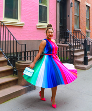 Load image into Gallery viewer, @colormecourtney wearing pleated Chroma skirt and Chroma One Shoulder Top, colour therapy fashion