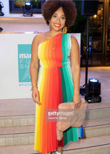 Charger l'image dans la galerie, Radiant Natalie Alexis Lee (@stylemesunday) in the Chroma Skirt and Chroma One Shoulder Top in matching colour-ways with yellow, orange, red and green shades
