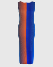 Charger l'image dans la galerie, KittyJoseph Parrot dress in orange and blue with fine crystal pleats and a reversible high-neck design.
