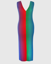 Charger l'image dans la galerie, KittyJoseph Parrot Dress in crystal pleated recycled polyester with a vibrant red, green, and blue optical print.
