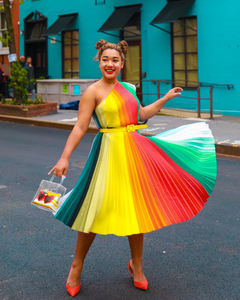 @colormecourtney wearing Chroma skirt and Chroma One Shoulder Top
