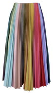 A pleated skirt with a gradient of colors including pink, yellow, blue, and purple, extending to about mid-calf length. KITTY JOSEPH sustainable skirt - a Black Friday alternative discount.