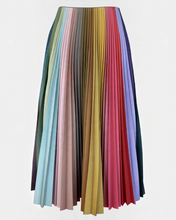 Cargar imagen en el visor de la galería, A pleated skirt with a gradient of colors including pink, yellow, blue, and purple, extending to about mid-calf length. KITTY JOSEPH sustainable skirt - a Black Friday alternative discount.
