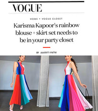 Load image into Gallery viewer, Karisma Kapoor feature in Vogue, wearing the Chroma skirt and Chroma High Neck Top. Mismatching colour-ways, showing they don&#39;t need to both be facing the same way

